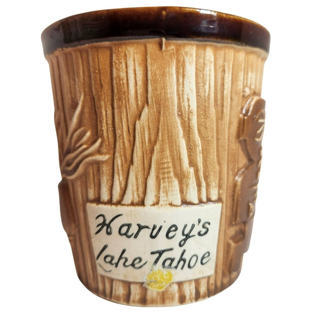 Harvey's Lake Tahoe Tiki Bucket Mug Vintage 1960s OMC Otagiri Japan Label 3D